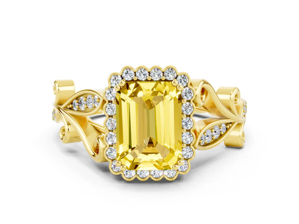 Yellow gold Emerald Cut Yellow Sapphire Halo Ring with Vintage Split Shank and Four-Prong Setting