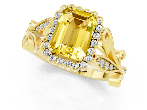 Yellow gold Emerald Cut Yellow Sapphire Halo Ring with Vintage Split Shank and Four-Prong Setting_1