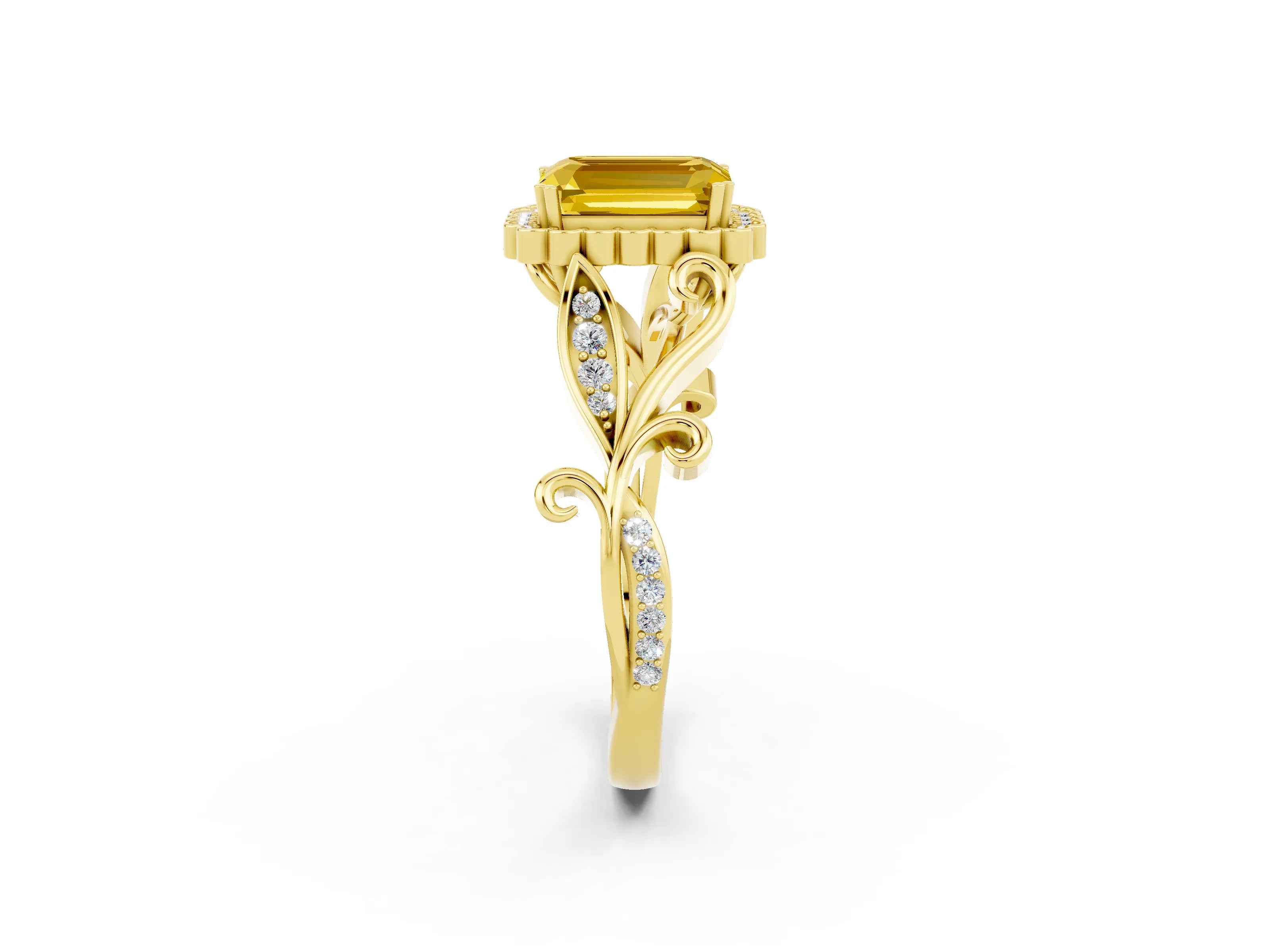 Yellow gold Emerald Cut Yellow Sapphire Halo Ring with Vintage Split Shank and Four-Prong Setting_2