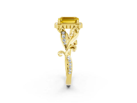 Yellow gold Emerald Cut Yellow Sapphire Halo Ring with Vintage Split Shank and Four-Prong Setting_2
