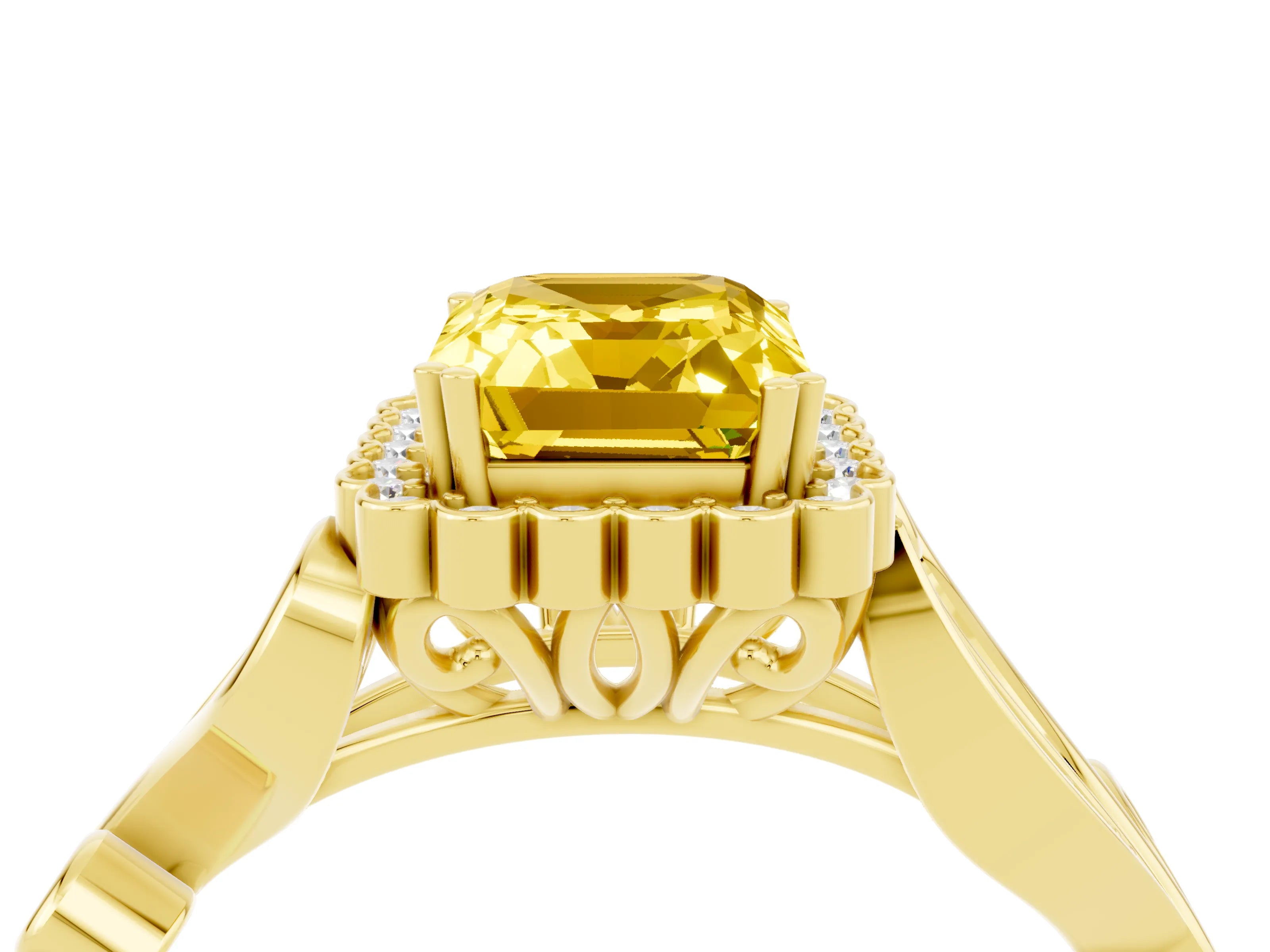 Yellow gold Emerald Cut Yellow Sapphire Halo Ring with Vintage Split Shank and Four-Prong Setting_4