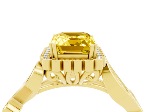 Yellow gold Emerald Cut Yellow Sapphire Halo Ring with Vintage Split Shank and Four-Prong Setting_4