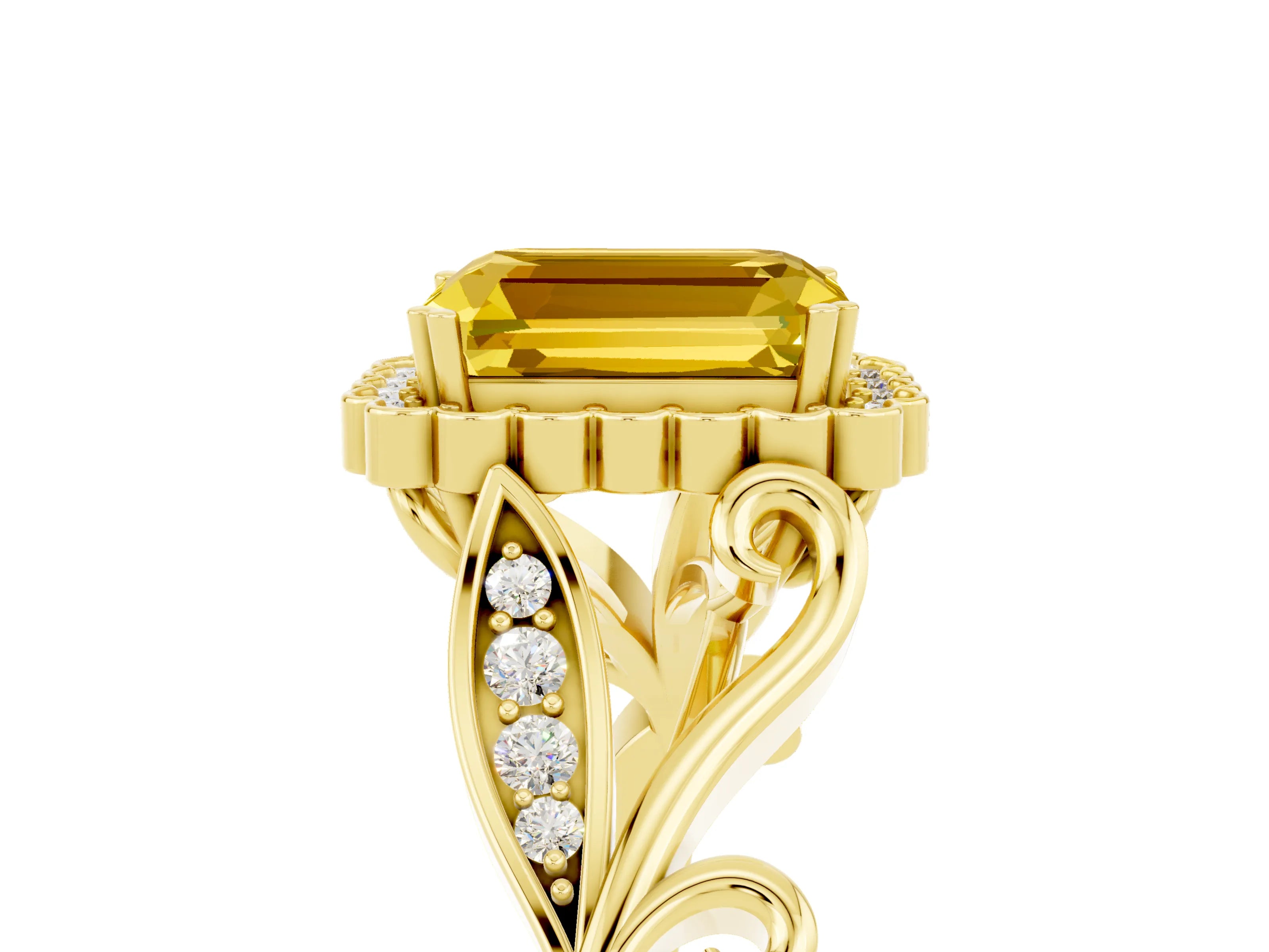 Yellow gold Emerald Cut Yellow Sapphire Halo Ring with Vintage Split Shank and Four-Prong Setting_5