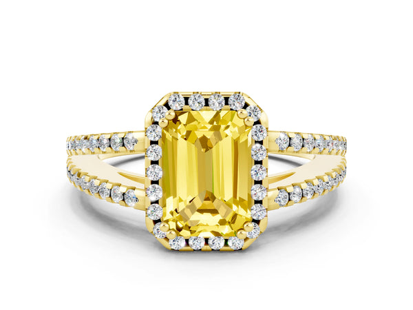 Yellow gold Emerald Cut Yellow Sapphire Halo Split Shank Engagement Ring