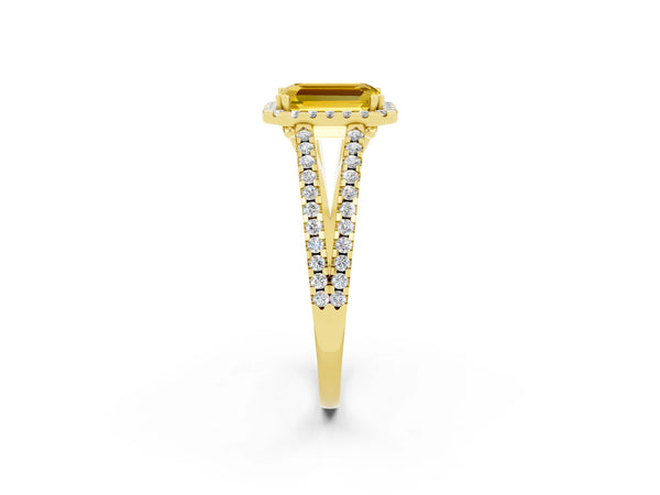 Yellow gold Emerald Cut Yellow Sapphire Halo Split Shank Engagement Ring