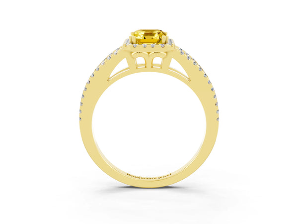Yellow gold Emerald Cut Yellow Sapphire Halo Split Shank Engagement Ring