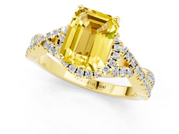 Yellow gold Emerald Cut Yellow Sapphire  Halo Twist Band Solitaire Prong Setting Ring