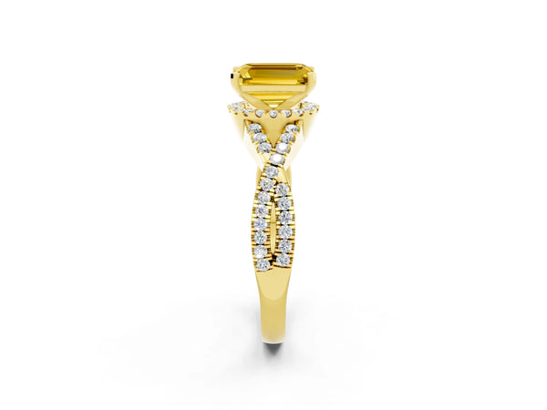 Yellow gold Emerald Cut Yellow Sapphire  Halo Twist Band Solitaire Prong Setting Ring