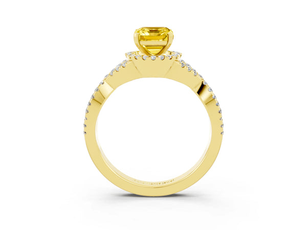 Yellow gold Emerald Cut Yellow Sapphire  Halo Twist Band Solitaire Prong Setting Ring