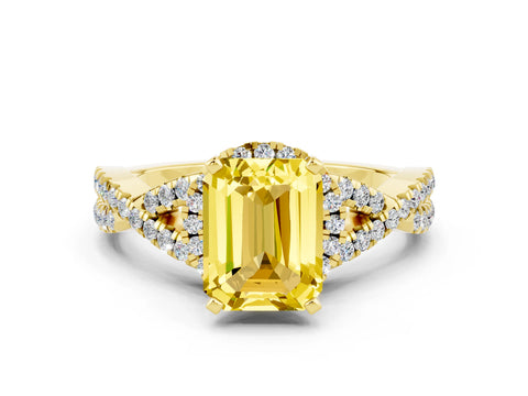 Yellow gold Emerald Cut Yellow Sapphire Halo Twist Band Solitaire Prong Setting Ring_36