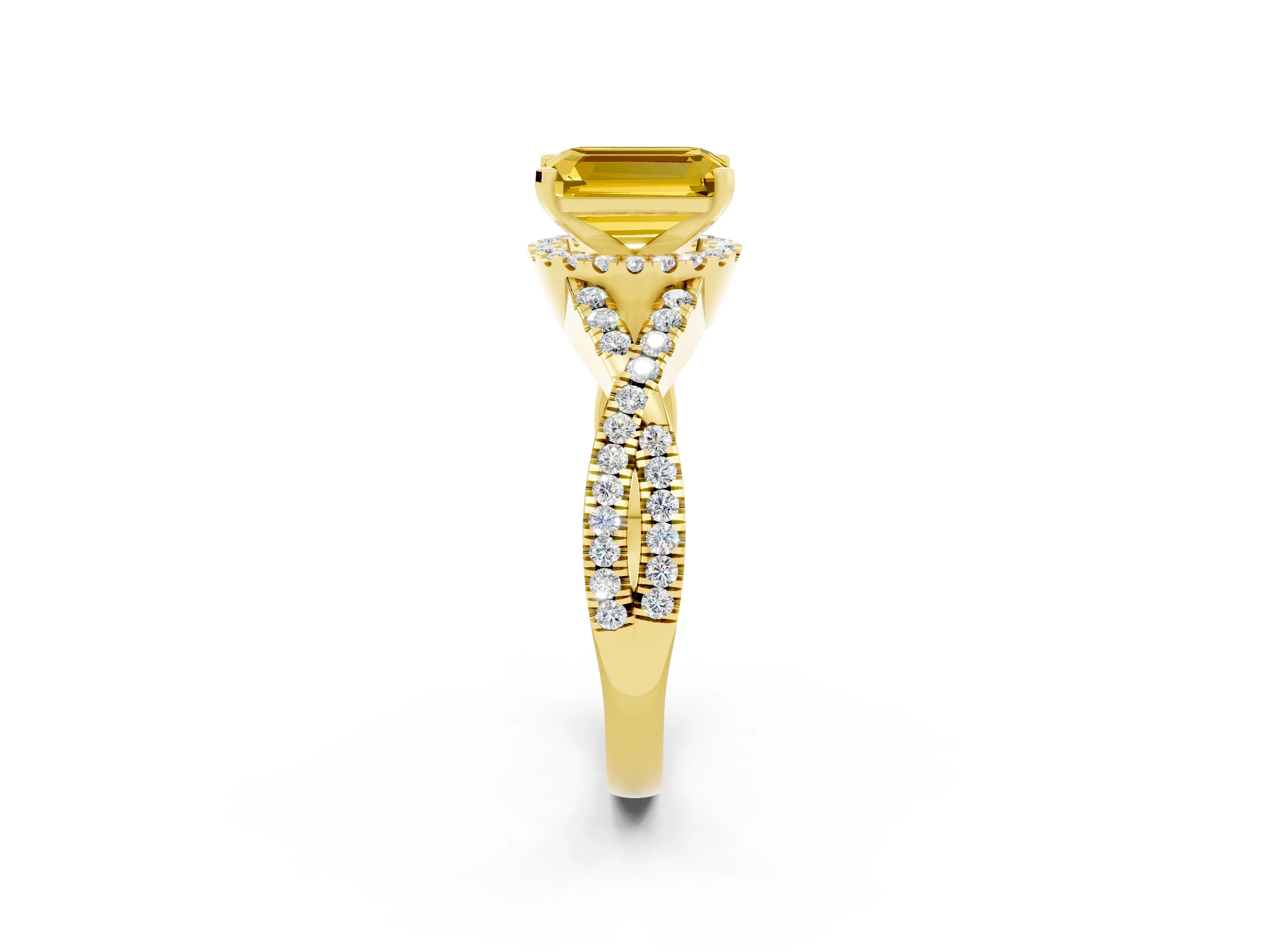 Yellow gold Emerald Cut Yellow Sapphire Halo Twist Band Solitaire Prong Setting Ring_38
