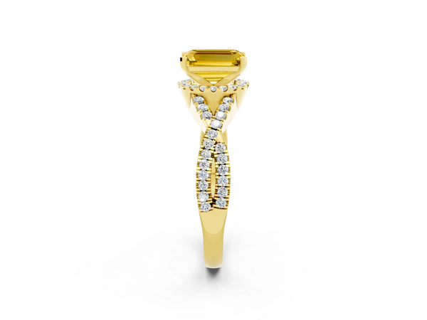 Yellow gold Emerald Cut Yellow Sapphire  Halo Twist Band Solitaire Prong Setting Ring