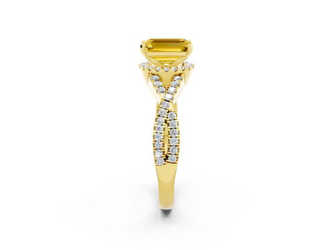 Yellow gold Emerald Cut Yellow Sapphire Halo Twist Band Solitaire Prong Setting Ring_38