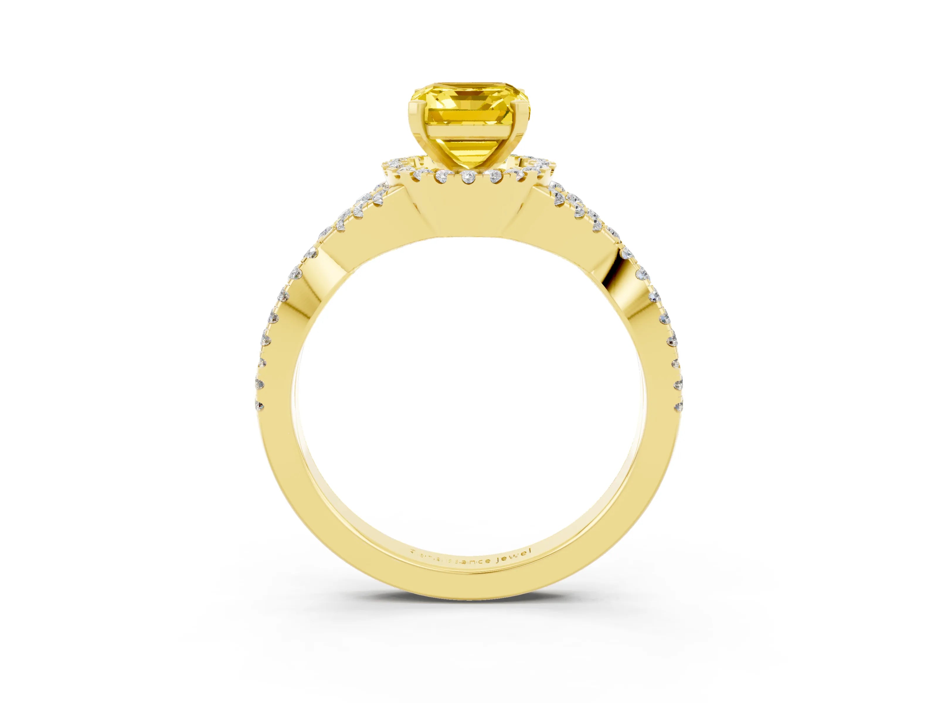 Yellow gold Emerald Cut Yellow Sapphire Halo Twist Band Solitaire Prong Setting Ring_39
