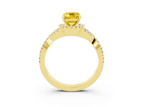 Yellow gold Emerald Cut Yellow Sapphire  Halo Twist Band Solitaire Prong Setting Ring
