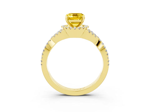 Yellow gold Emerald Cut Yellow Sapphire Halo Twist Band Solitaire Prong Setting Ring_39