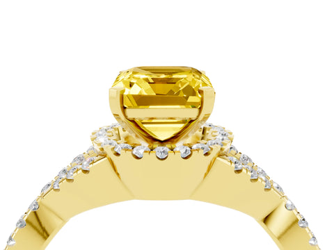 Yellow gold Emerald Cut Yellow Sapphire Halo Twist Band Solitaire Prong Setting Ring_40