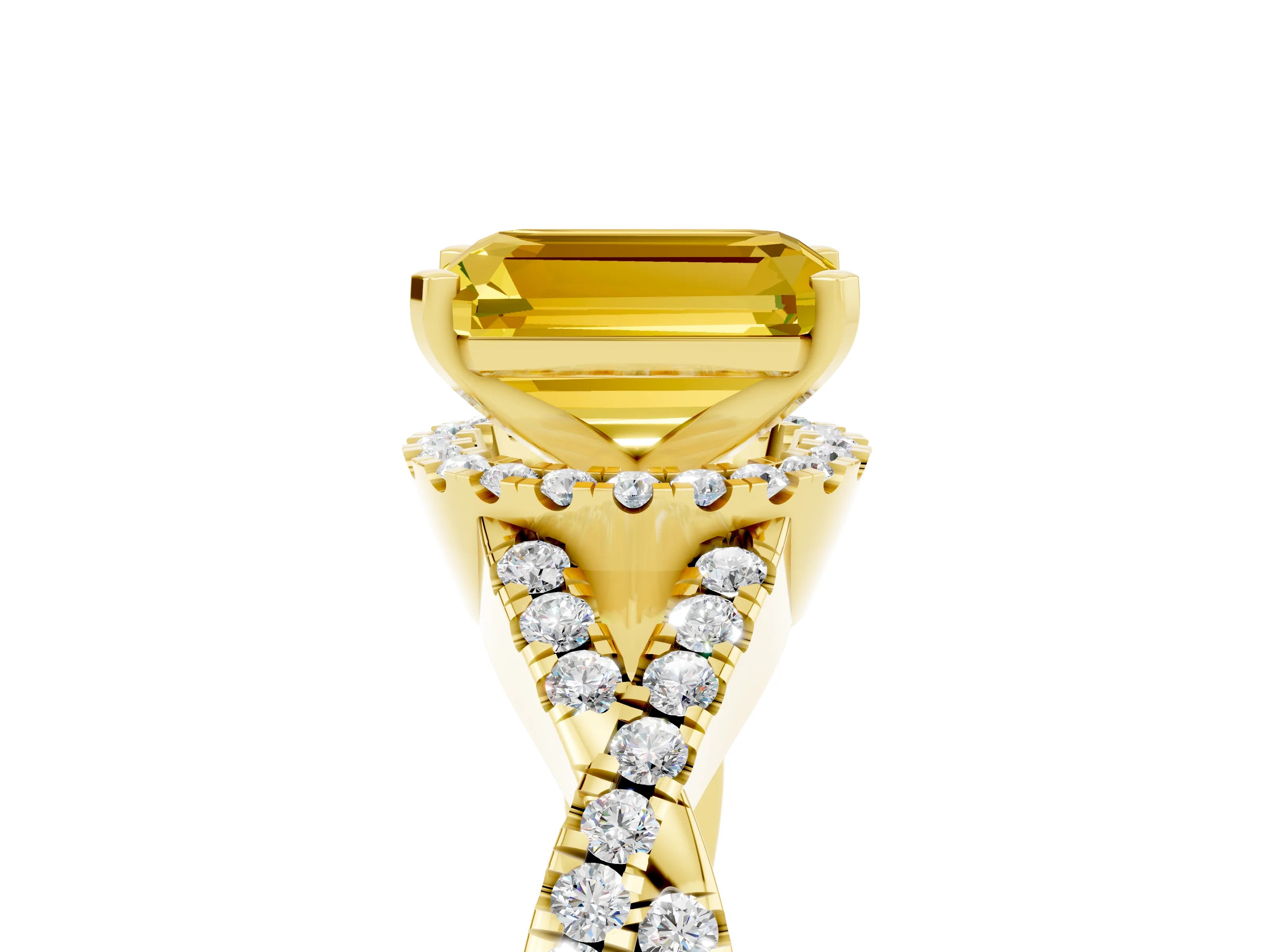 Yellow gold Emerald Cut Yellow Sapphire Halo Twist Band Solitaire Prong Setting Ring_41