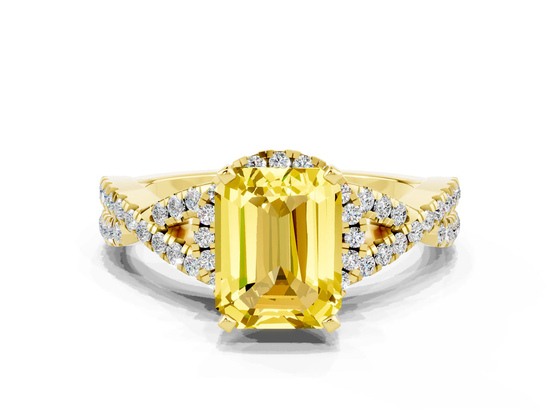Yellow gold Emerald Cut Yellow Sapphire  Halo Twist Band Solitaire Prong Setting Ring_48