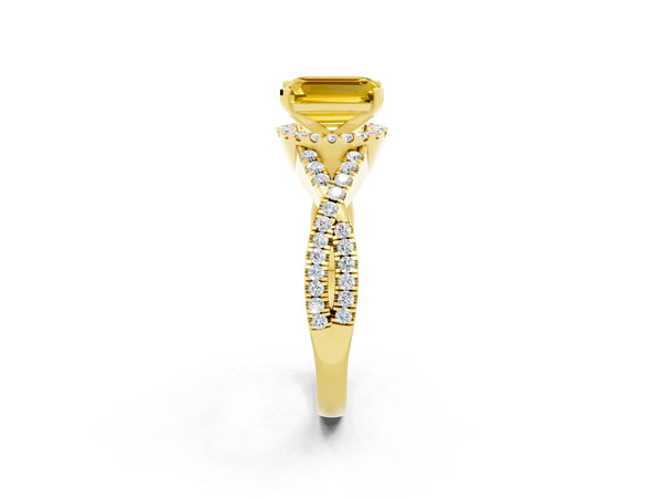 Yellow gold Emerald Cut Yellow Sapphire  Halo Twist Band Solitaire Prong Setting Ring