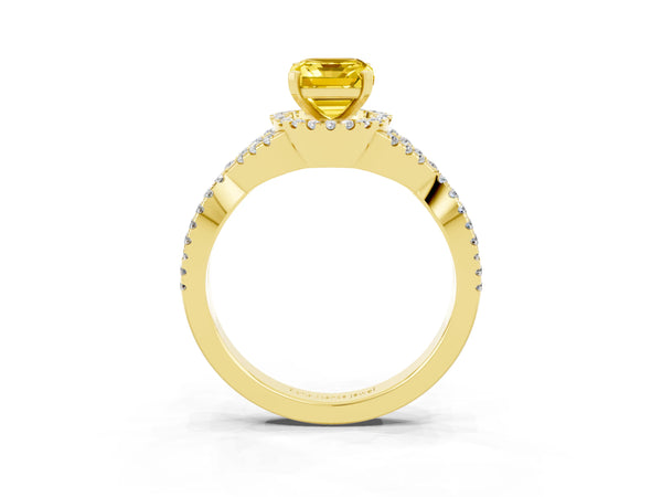 Yellow gold Emerald Cut Yellow Sapphire  Halo Twist Band Solitaire Prong Setting Ring