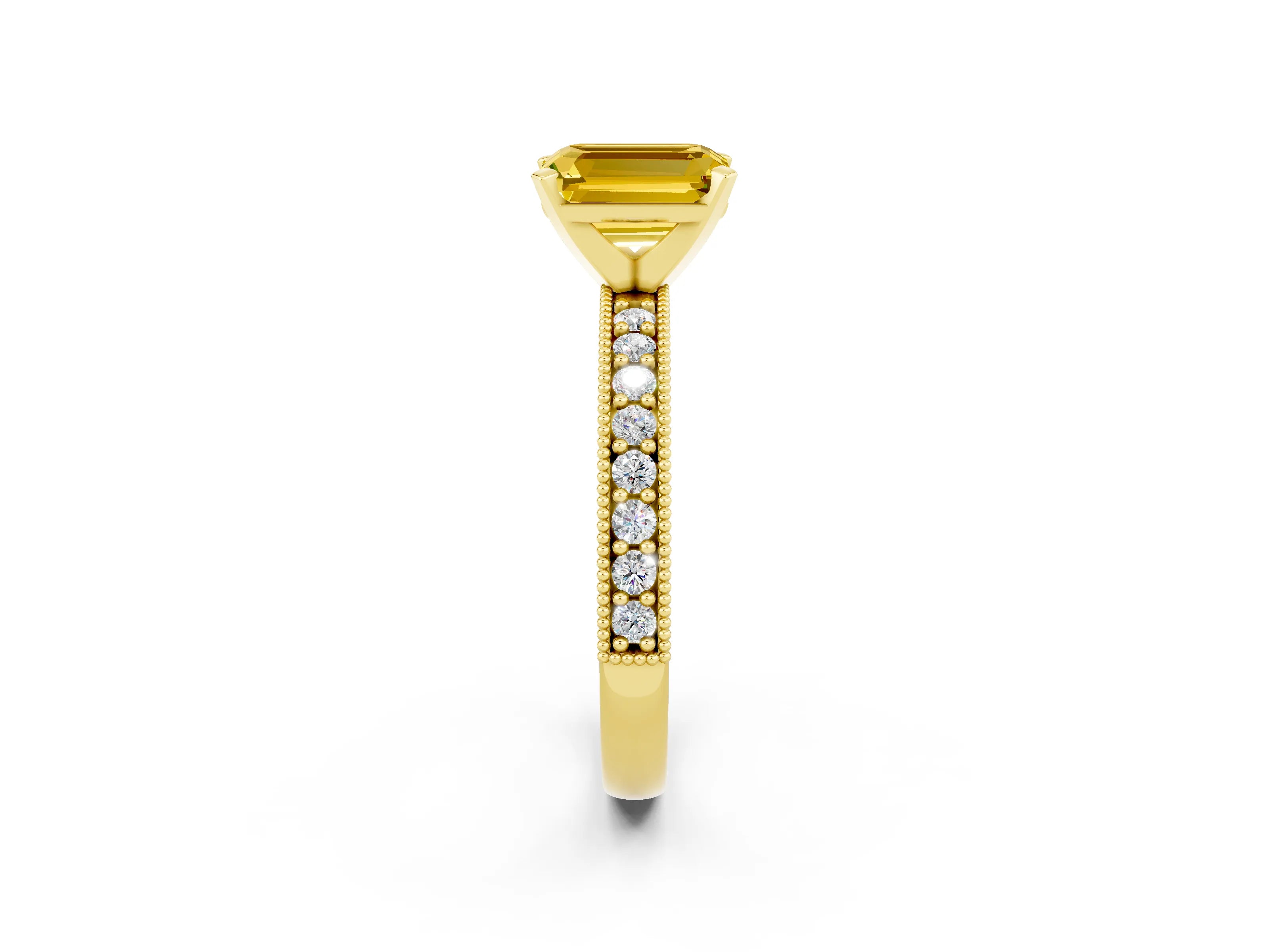 Yellow gold Emerald Cut Yellow Sapphire Milgrain Pavé Engagement Ring with Four-Prong Setting_38