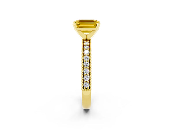 Yellow gold Emerald Cut Yellow Sapphire Milgrain Pavé Engagement Ring with Four-Prong Setting