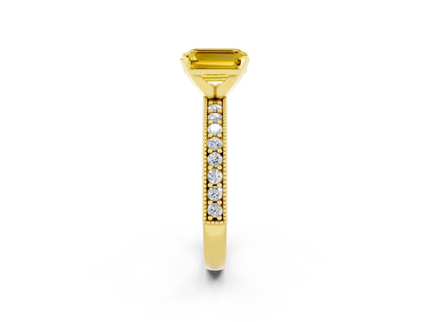 Yellow gold Emerald Cut Yellow Sapphire Milgrain Pavé Engagement Ring with Four-Prong Setting_38