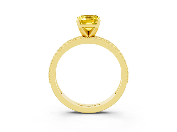Yellow gold Emerald Cut Yellow Sapphire Milgrain Pavé Engagement Ring with Four-Prong Setting