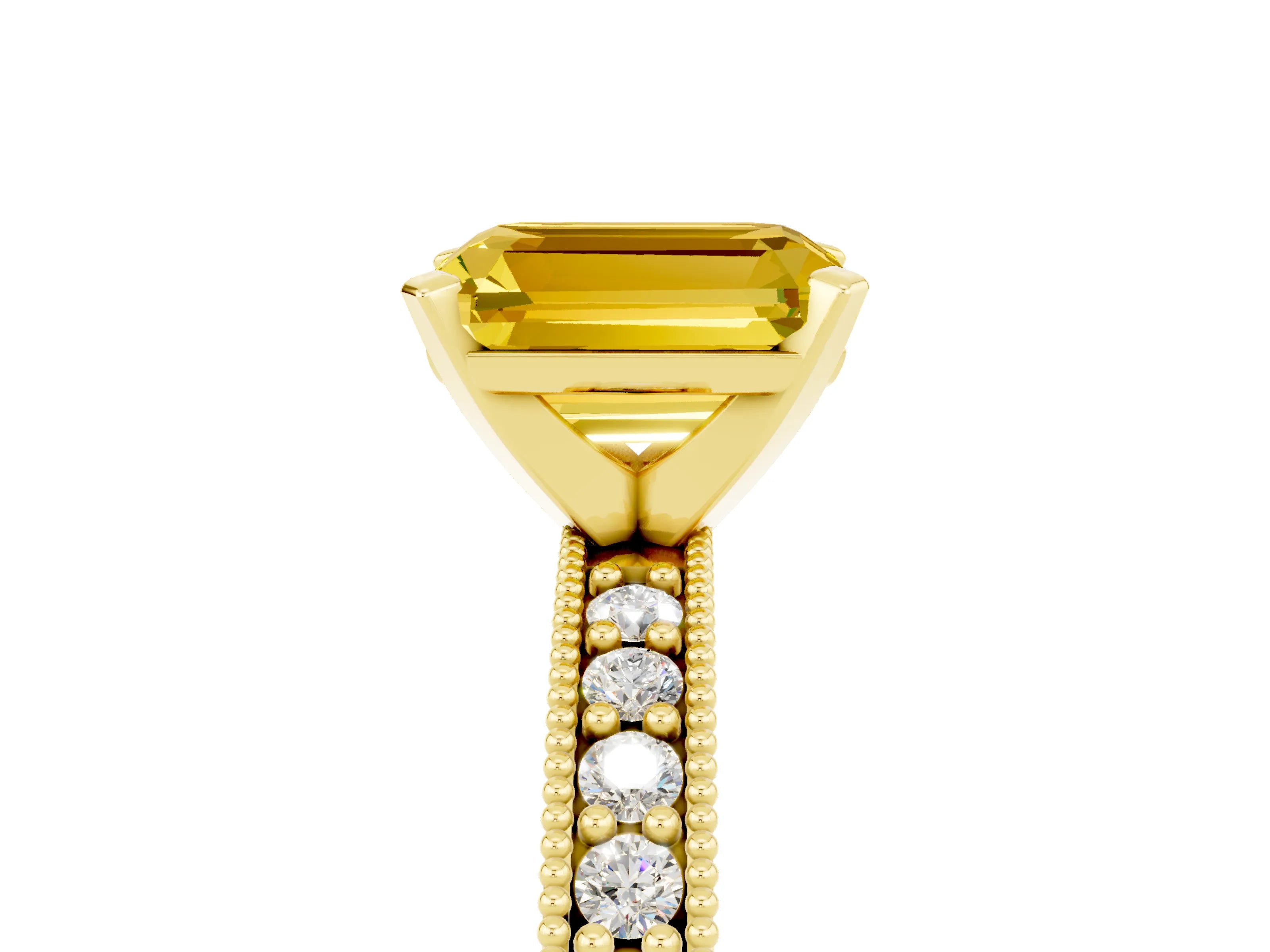 Yellow gold Emerald Cut Yellow Sapphire Milgrain Pavé Engagement Ring with Four-Prong Setting_41