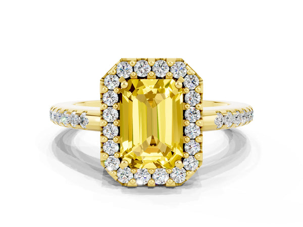 Yellow gold Emerald Cut Yellow Sapphire Pavé Halo Ring with Four-Prong Setting