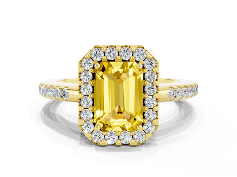 Yellow gold Emerald Cut Yellow Sapphire Pavé Halo Ring with Four-Prong Setting_12