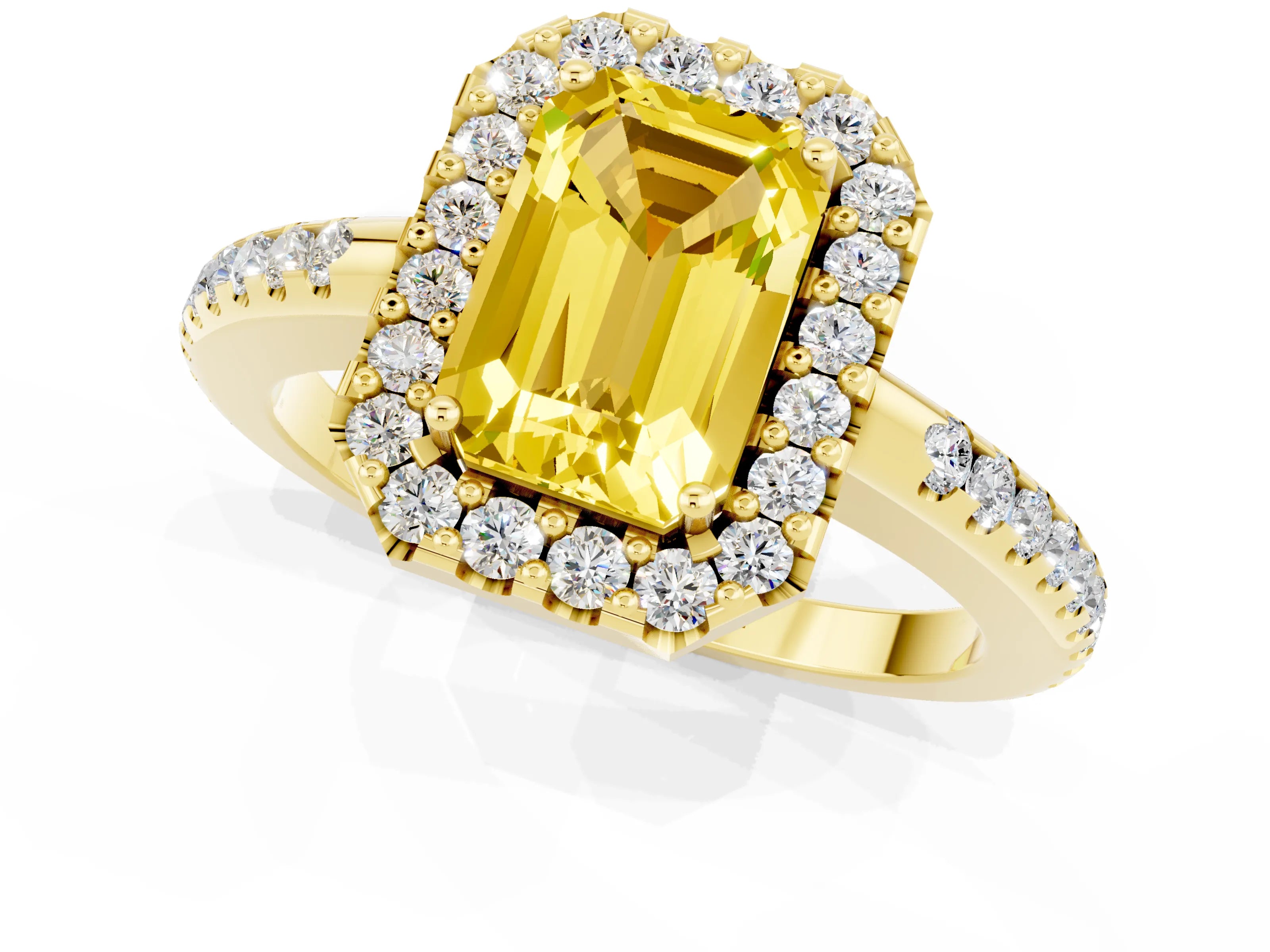 Yellow gold Emerald Cut Yellow Sapphire Pavé Halo Ring with Four-Prong Setting_13