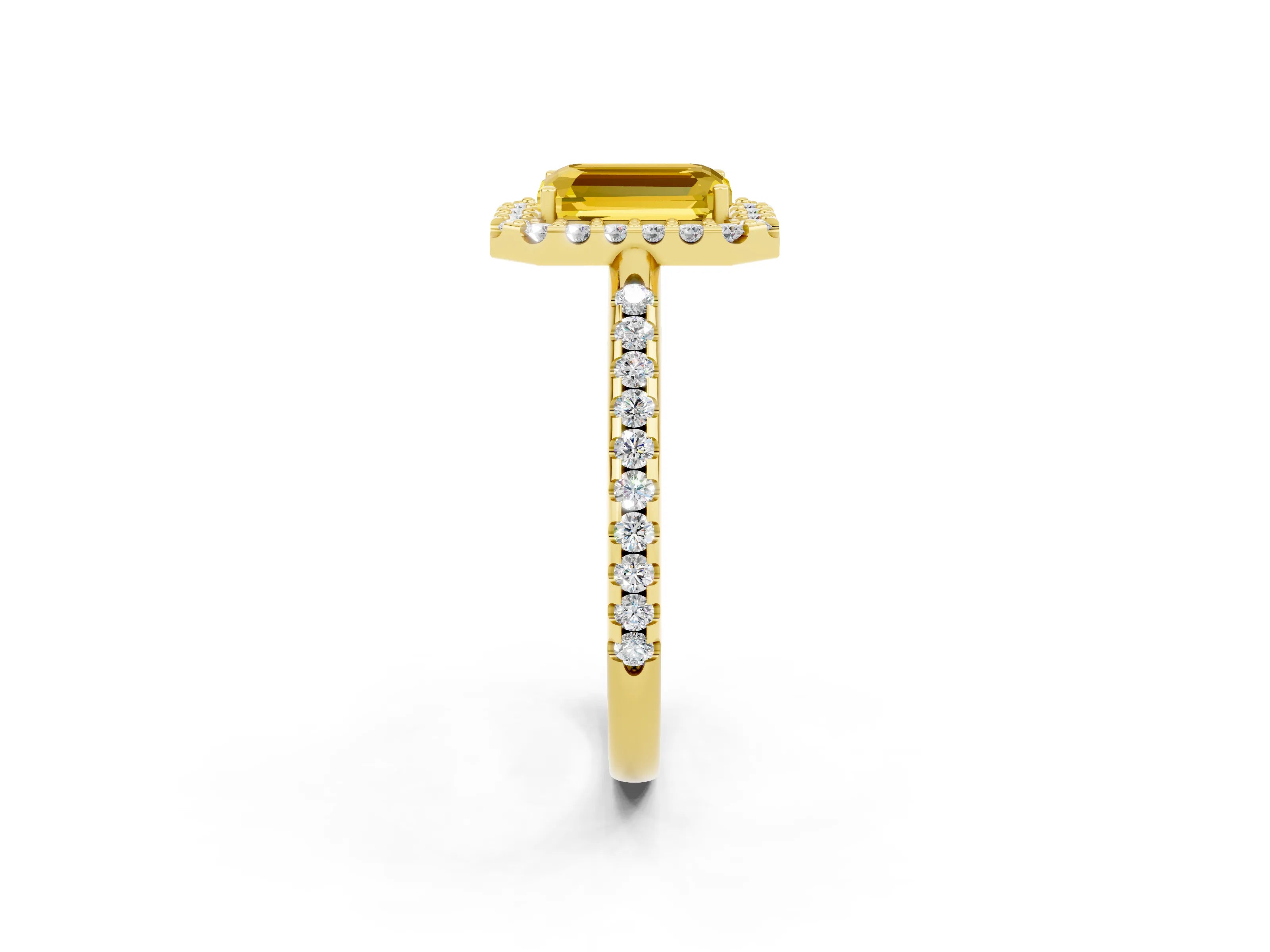 Yellow gold Emerald Cut Yellow Sapphire Pavé Halo Ring with Four-Prong Setting_14