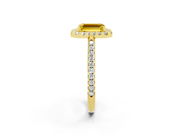 Yellow gold Emerald Cut Yellow Sapphire Pavé Halo Ring with Four-Prong Setting