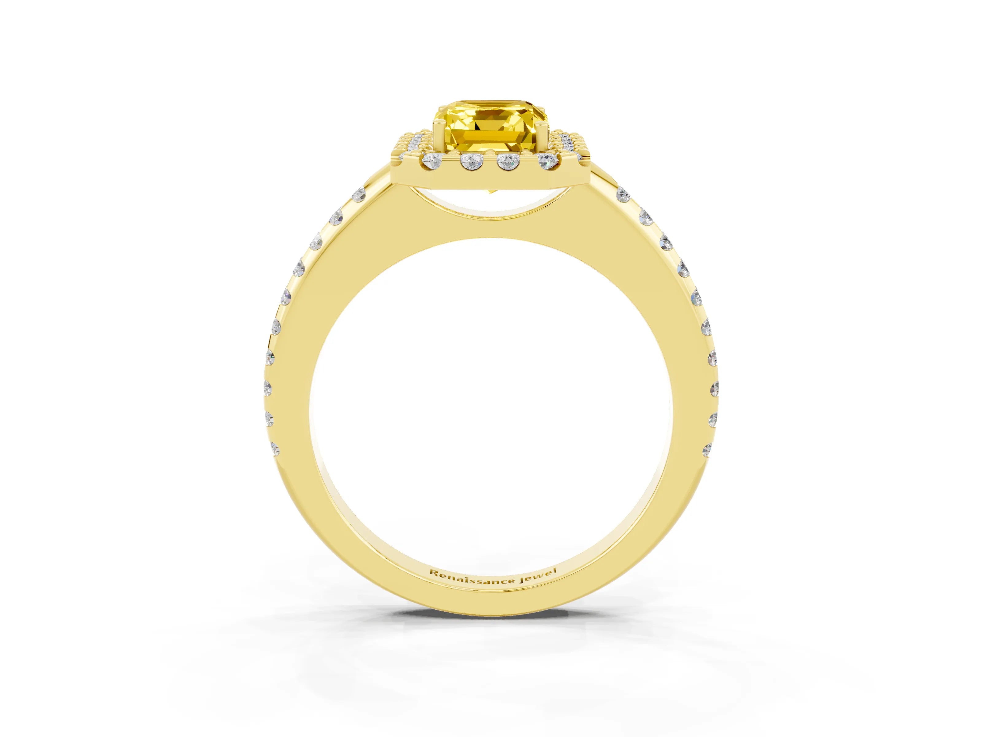 Yellow gold Emerald Cut Yellow Sapphire Pavé Halo Ring with Four-Prong Setting_15