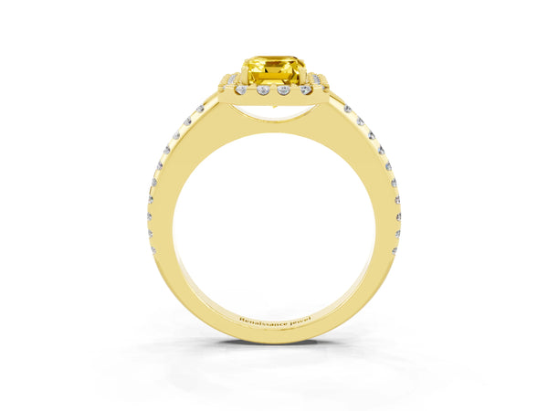 Yellow gold Emerald Cut Yellow Sapphire Pavé Halo Ring with Four-Prong Setting