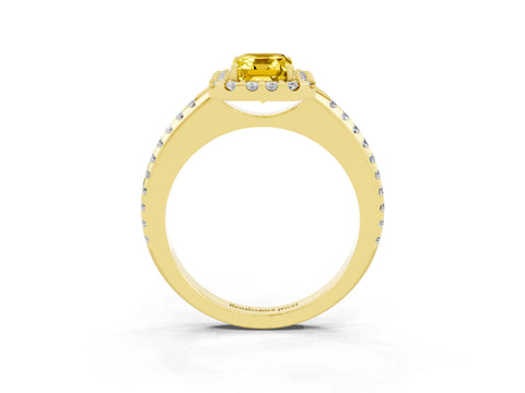 Yellow gold Emerald Cut Yellow Sapphire Pavé Halo Ring with Four-Prong Setting_15