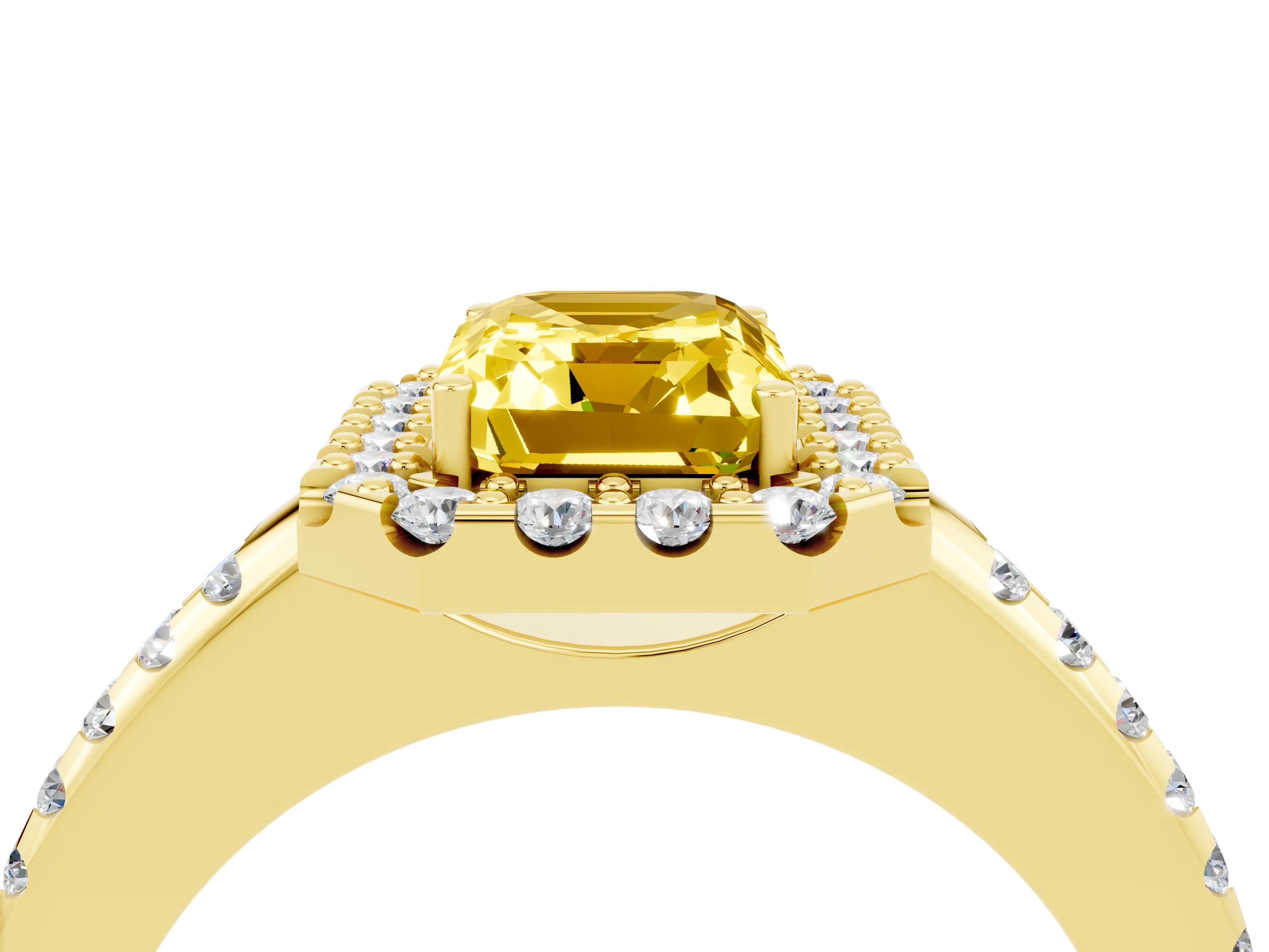 Yellow gold Emerald Cut Yellow Sapphire Pavé Halo Ring with Four-Prong Setting_16