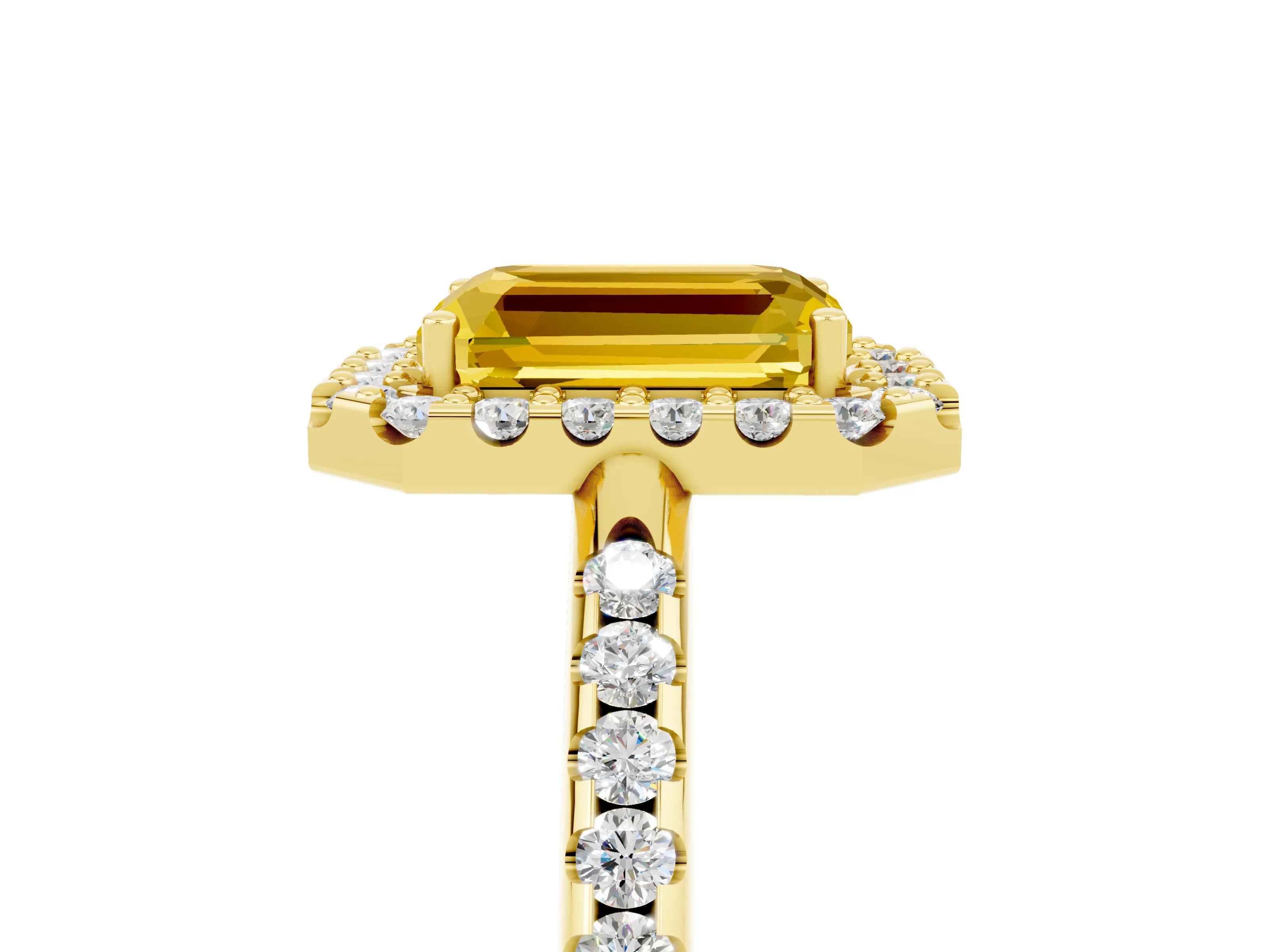 Yellow gold Emerald Cut Yellow Sapphire Pavé Halo Ring with Four-Prong Setting_17