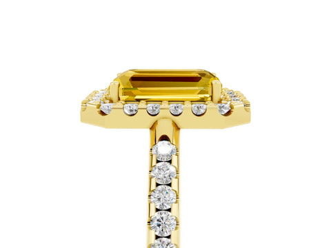 Yellow gold Emerald Cut Yellow Sapphire Pavé Halo Ring with Four-Prong Setting_17