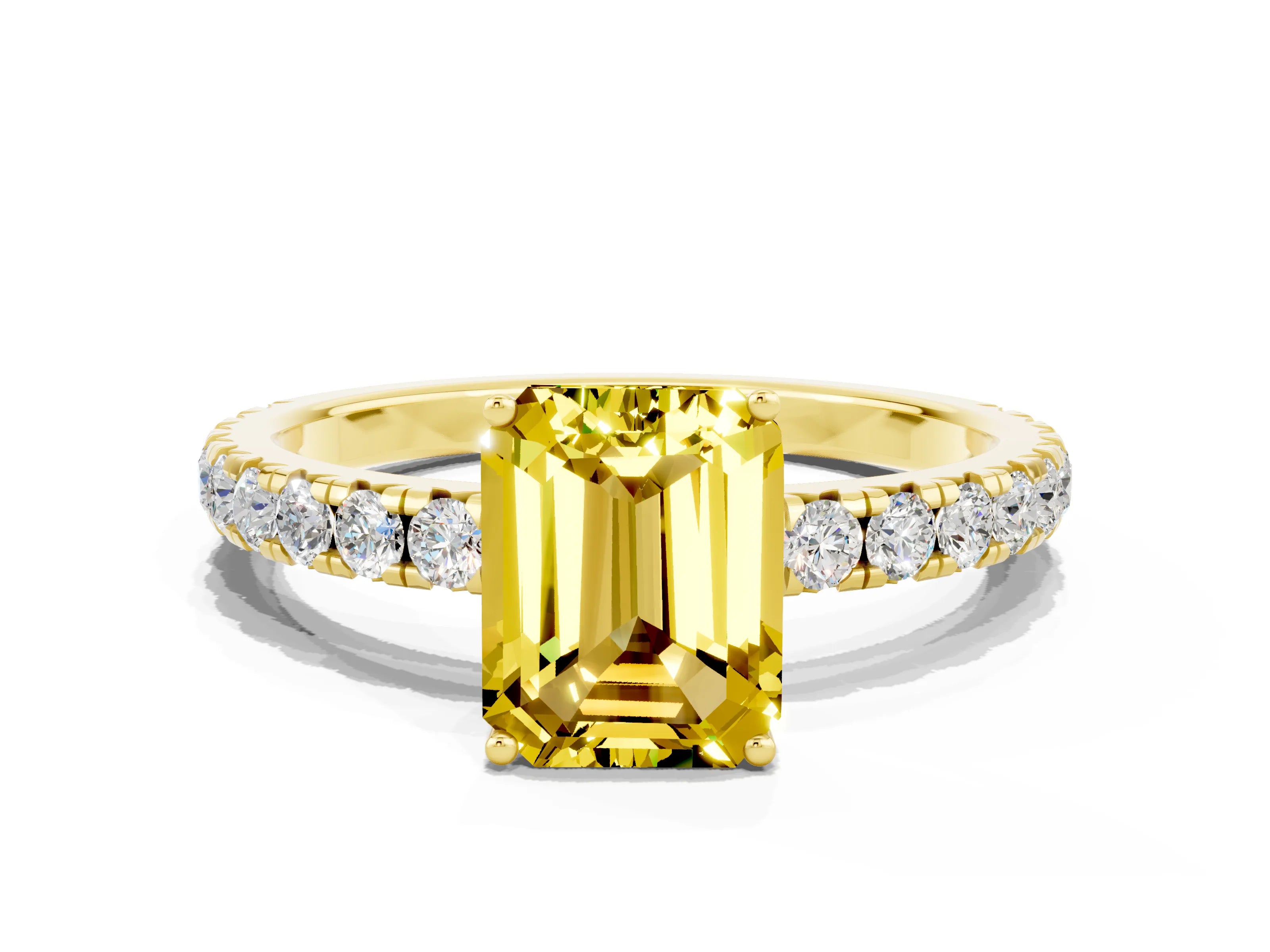 Yellow gold Emerald Cut Yellow Sapphire Pavé Solitaire Engagement Ring with Four-Prong Setting_12