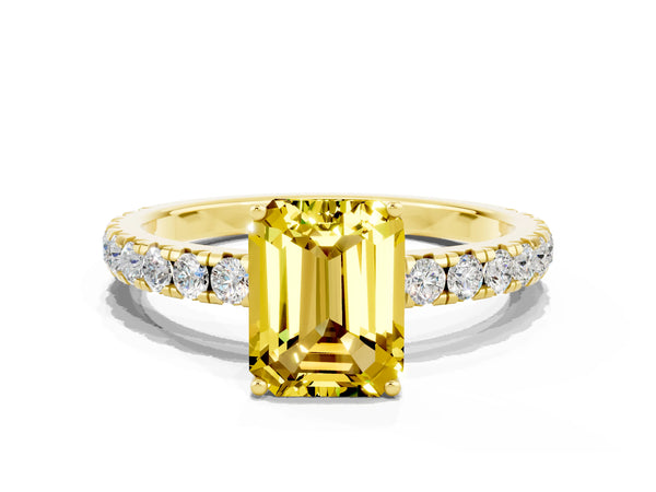 Yellow gold Emerald Cut Yellow Sapphire Pavé Solitaire Engagement Ring with Four-Prong Setting