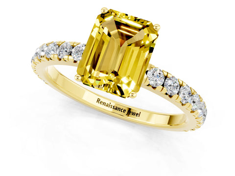 Yellow gold Emerald Cut Yellow Sapphire Pavé Solitaire Engagement Ring with Four-Prong Setting_13