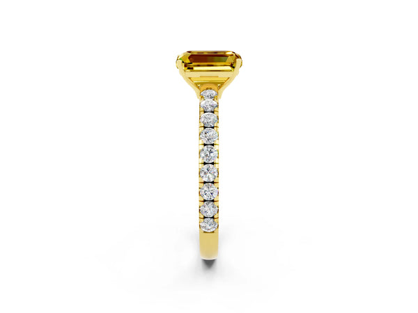 Yellow gold Emerald Cut Yellow Sapphire Pavé Solitaire Engagement Ring with Four-Prong Setting