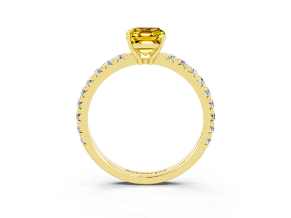 Yellow gold Emerald Cut Yellow Sapphire Pavé Solitaire Engagement Ring with Four-Prong Setting