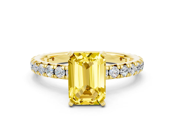 Yellow gold Emerald Cut Yellow Sapphire Pavé Solitaire Ring with Round Band and Prong Setting