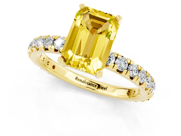 Yellow gold Emerald Cut Yellow Sapphire Pavé Solitaire Ring with Round Band and Prong Setting