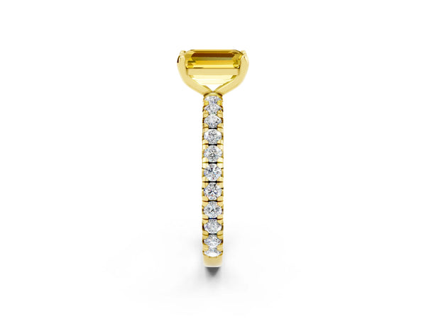 Yellow gold Emerald Cut Yellow Sapphire Pavé Solitaire Ring with Round Band and Prong Setting