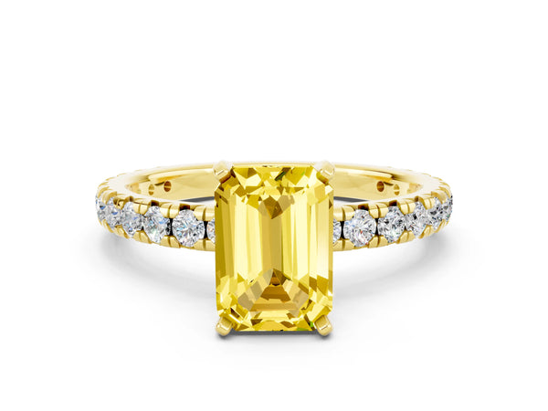 Yellow Gold Emerald Cut Lab-Grown Yellow Sapphire Solitaire Engagement Ring with Shared Prong Pave Band